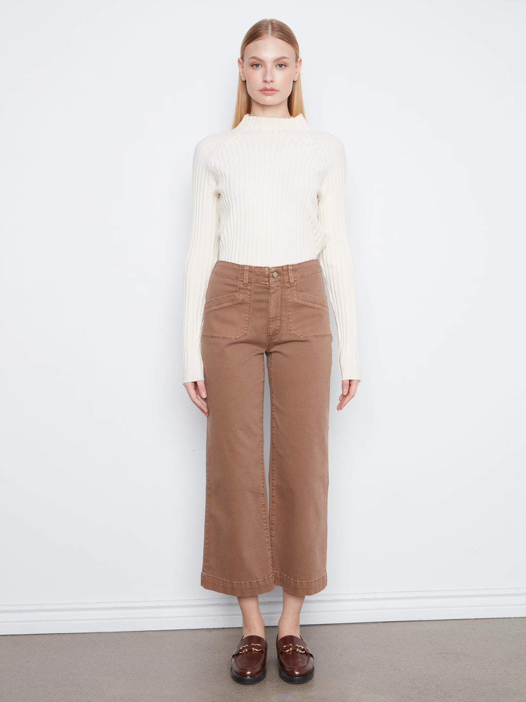 Cropped Wide Leg Colored Twill Pants With Patch Pockets