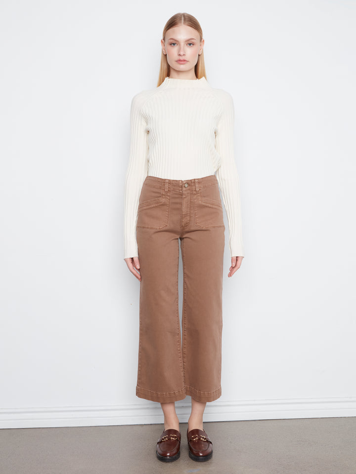 Cropped Wide Leg Colored Twill Pants With Patch Pockets