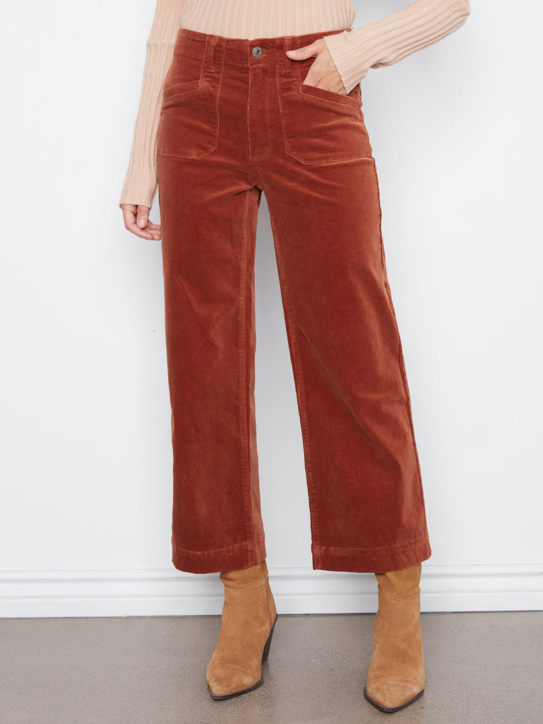 Cropped Wide Leg Corduroy Pants With Patch Pockets