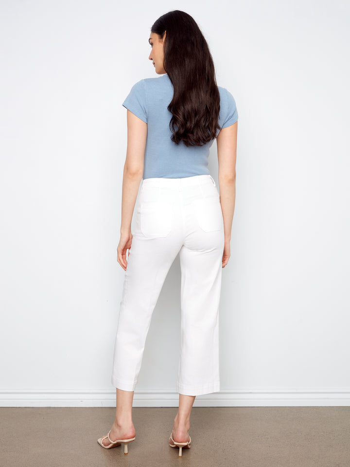 Cropped Wide Leg Colored Twill Pants With Patch Pockets