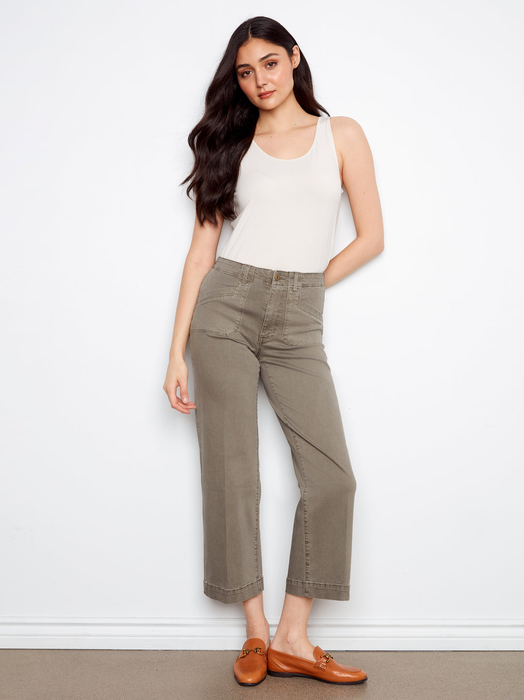 Cropped Wide Leg Colored Twill Pants With Patch Pockets