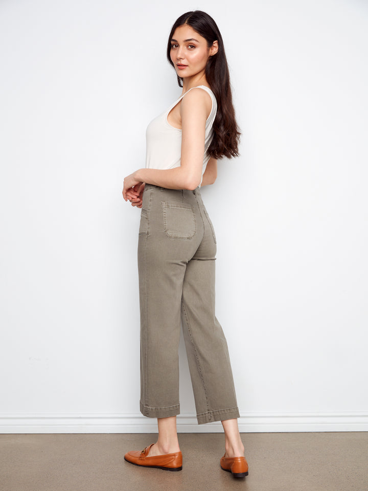 Cropped Wide Leg Colored Twill Pants With Patch Pockets
