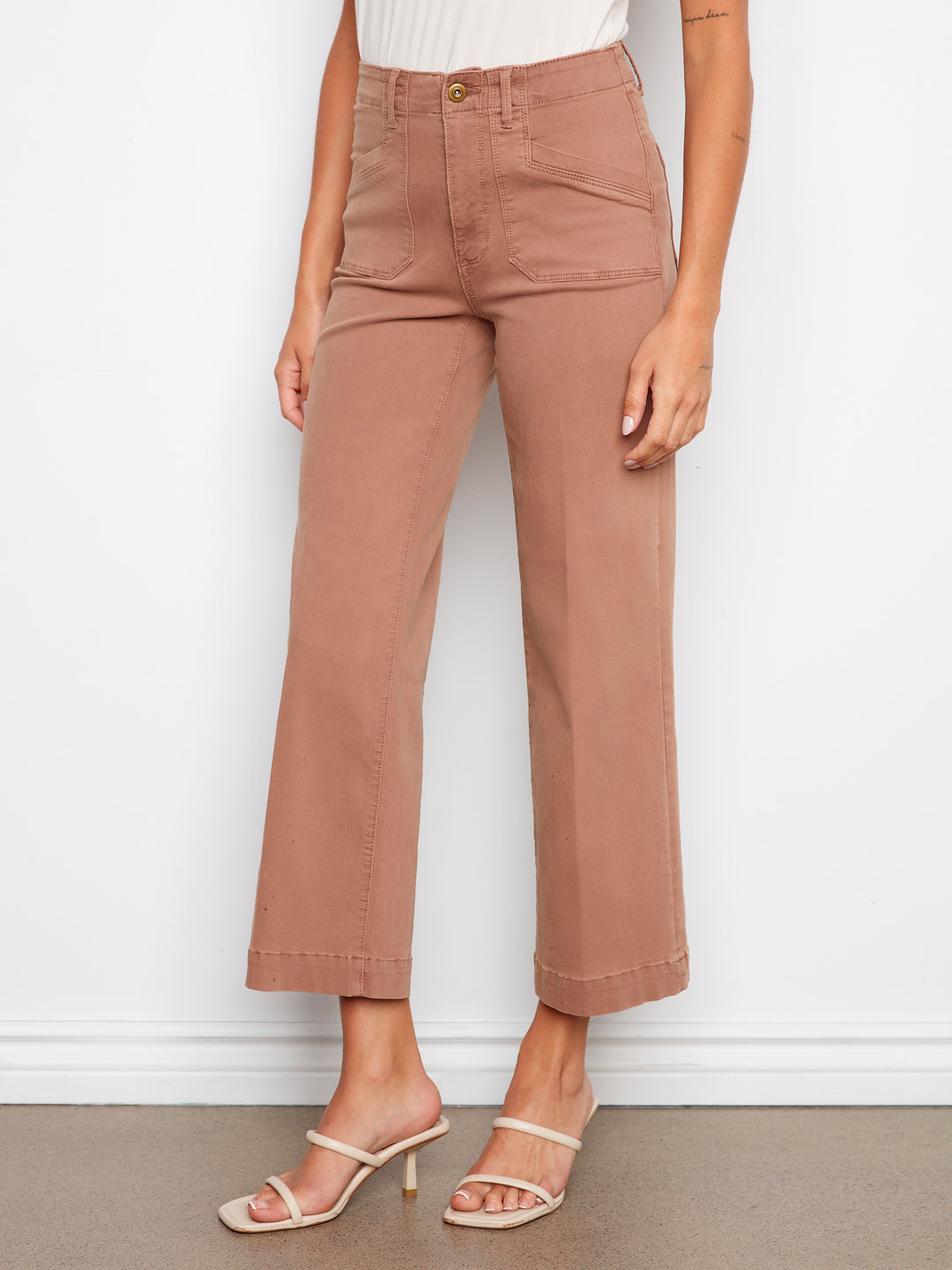 Cropped Wide Leg Colored Twill Pants With Patch Pockets