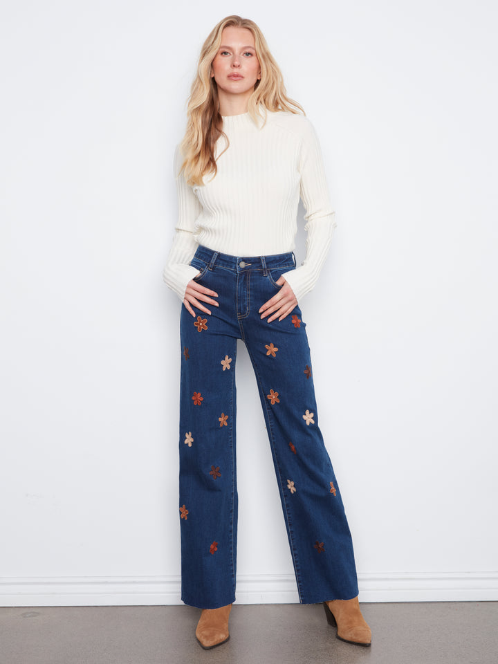 Wide Leg Stretch Denim Pants With Allover Suede Flower Patches