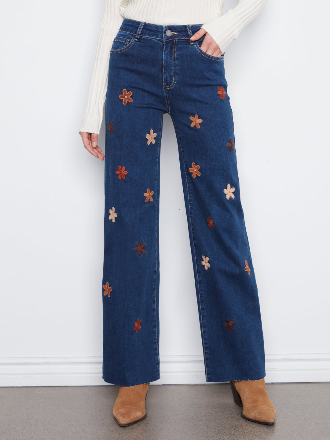 Wide Leg Stretch Denim Pants With Allover Suede Flower Patches