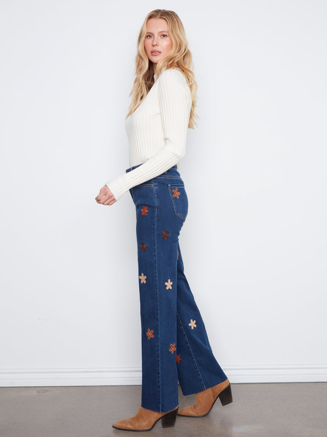Wide Leg Stretch Denim Pants With Allover Suede Flower Patches