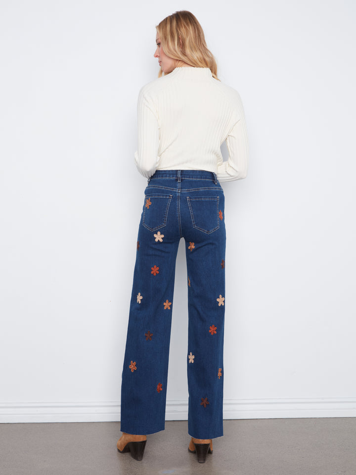 Wide Leg Stretch Denim Pants With Allover Suede Flower Patches