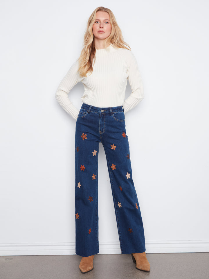 Wide Leg Stretch Denim Pants With Allover Suede Flower Patches