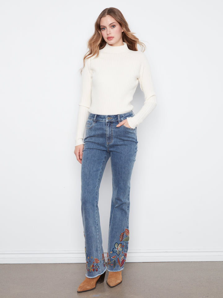 Flare Leg Stretch Denim Pants With Colorful Embroidery On Sides And Hem