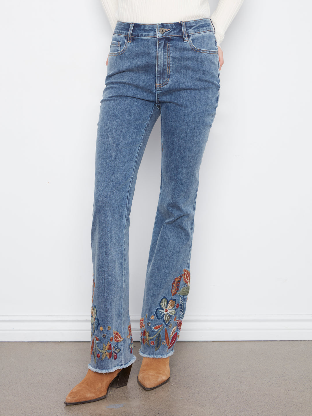 Flare Leg Stretch Denim Pants With Colorful Embroidery On Sides And Hem