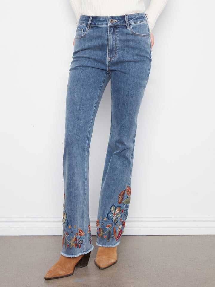 Flare Leg Stretch Denim Pants With Colorful Embroidery On Sides And Hem