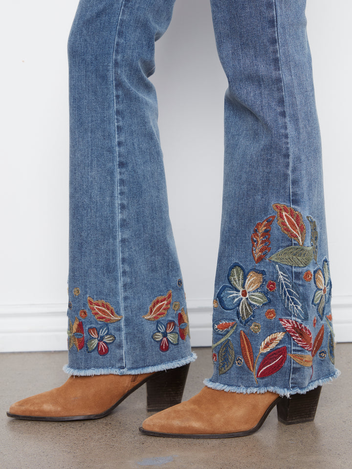 Flare Leg Stretch Denim Pants With Colorful Embroidery On Sides And Hem