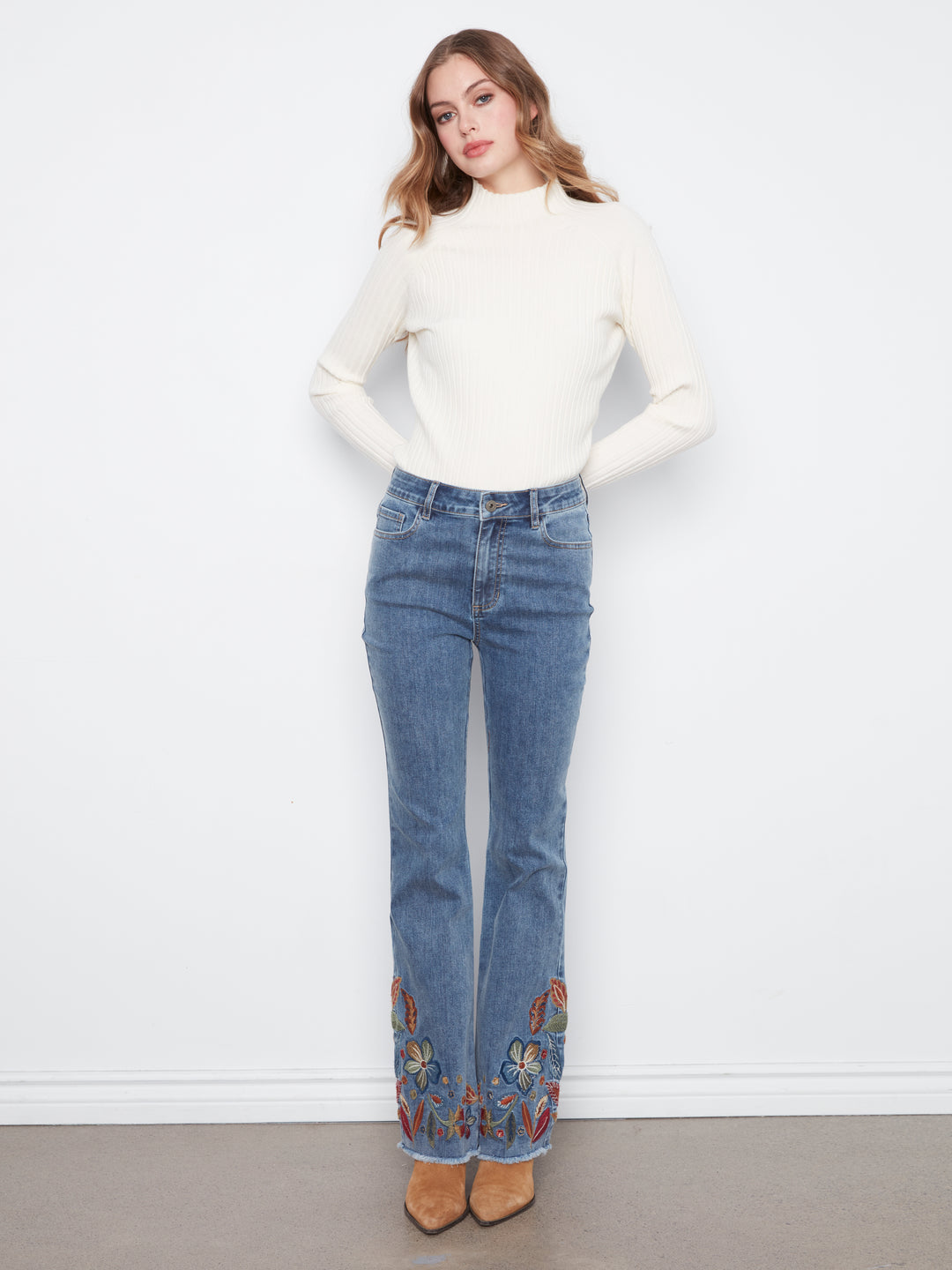 Flare Leg Stretch Denim Pants With Colorful Embroidery On Sides And Hem
