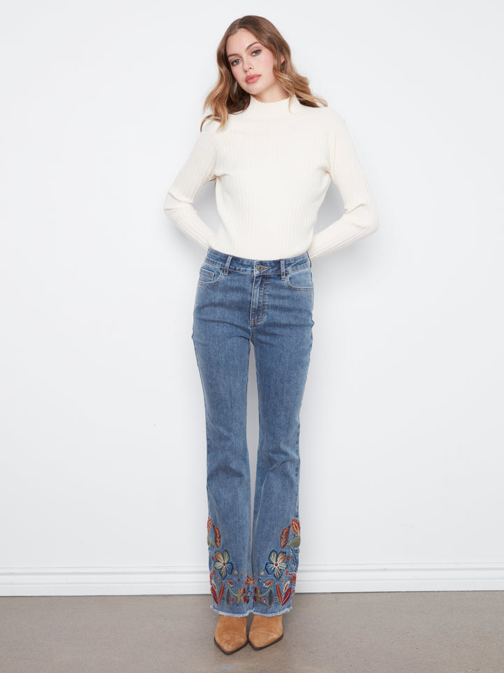 Flare Leg Stretch Denim Pants With Colorful Embroidery On Sides And Hem
