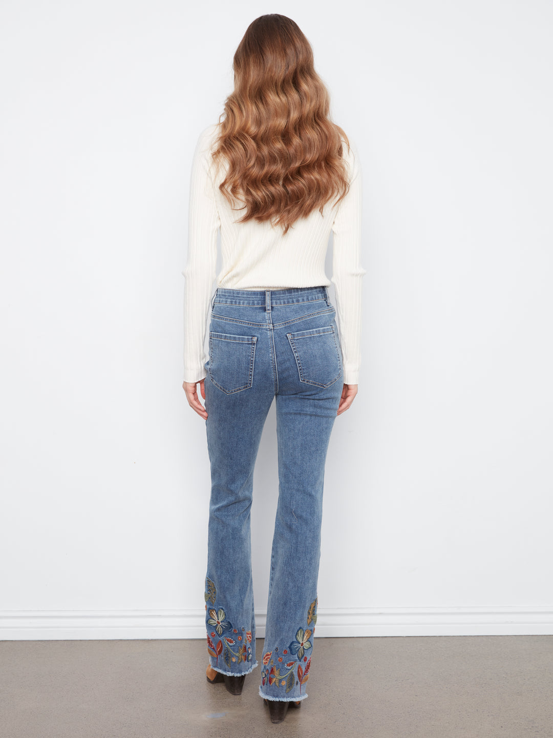 Flare Leg Stretch Denim Pants With Colorful Embroidery On Sides And Hem