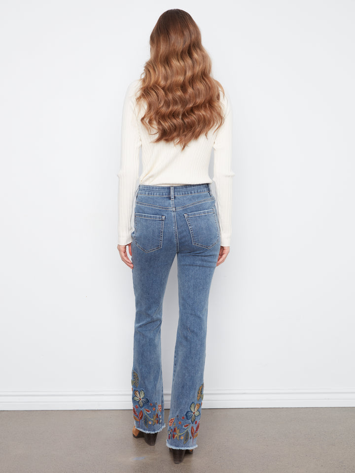 Flare Leg Stretch Denim Pants With Colorful Embroidery On Sides And Hem