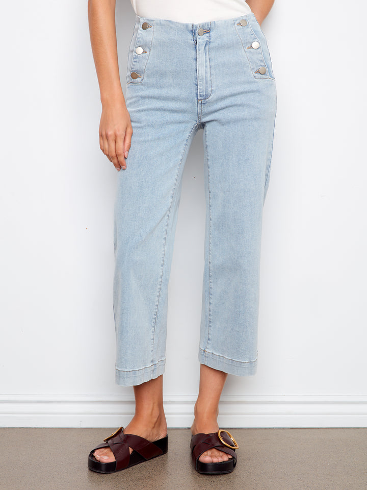Wide Leg Side Button Stretch Denim Pants