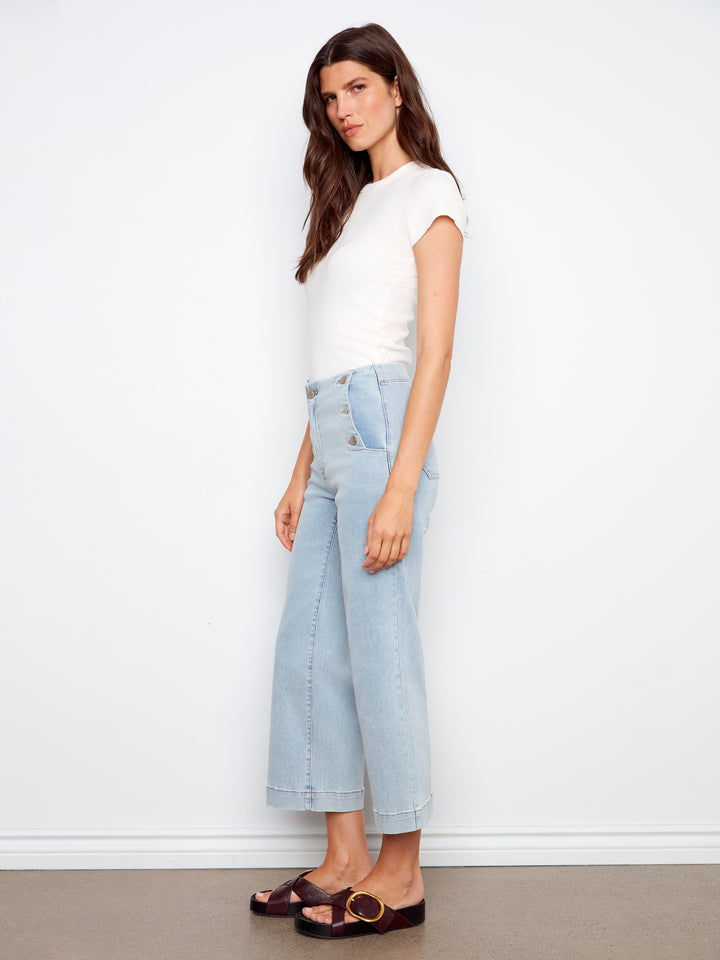 Wide Leg Side Button Stretch Denim Pants