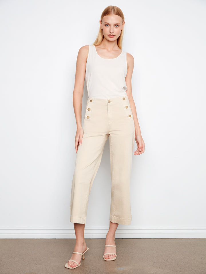 Cropped Wide Leg Twill Pants With Side Buttons