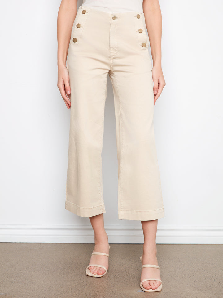 Cropped Wide Leg Twill Pants With Side Buttons