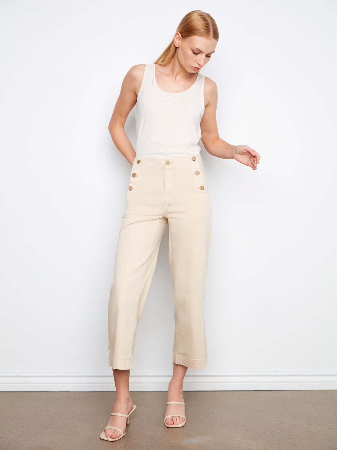 Cropped Wide Leg Twill Pants With Side Buttons