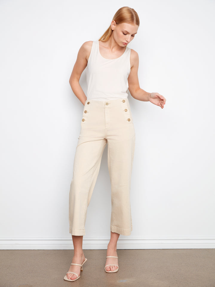 Cropped Wide Leg Twill Pants With Side Buttons