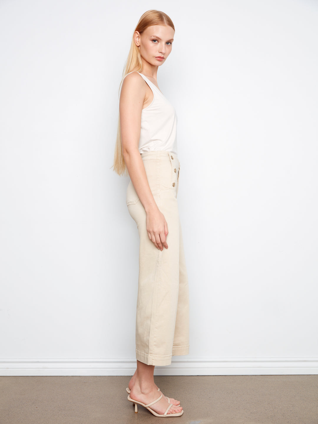Cropped Wide Leg Twill Pants With Side Buttons