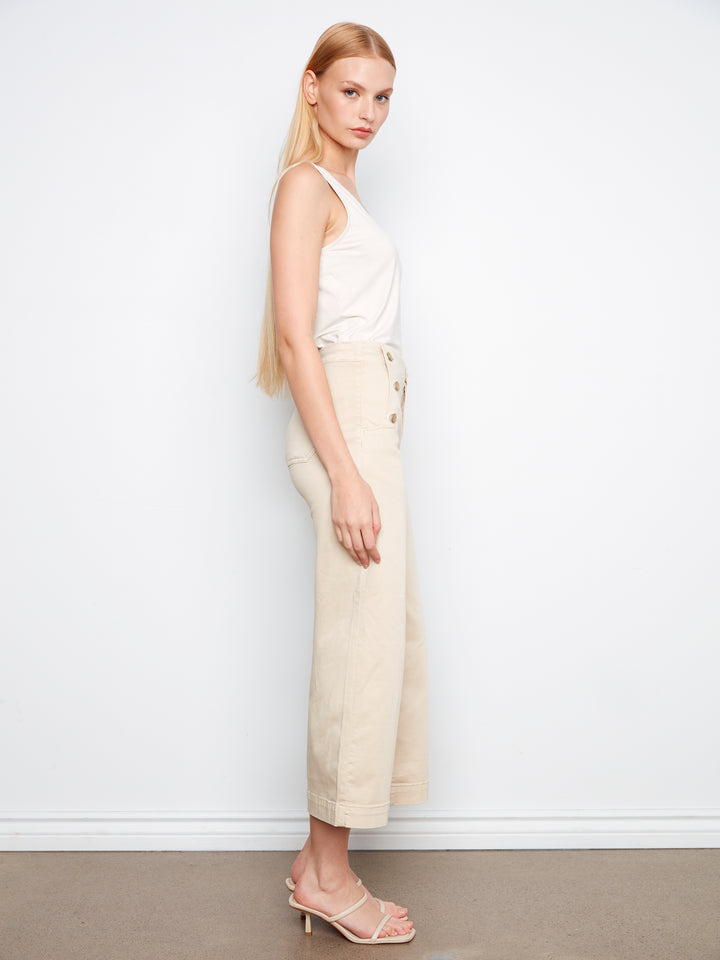 Cropped Wide Leg Twill Pants With Side Buttons
