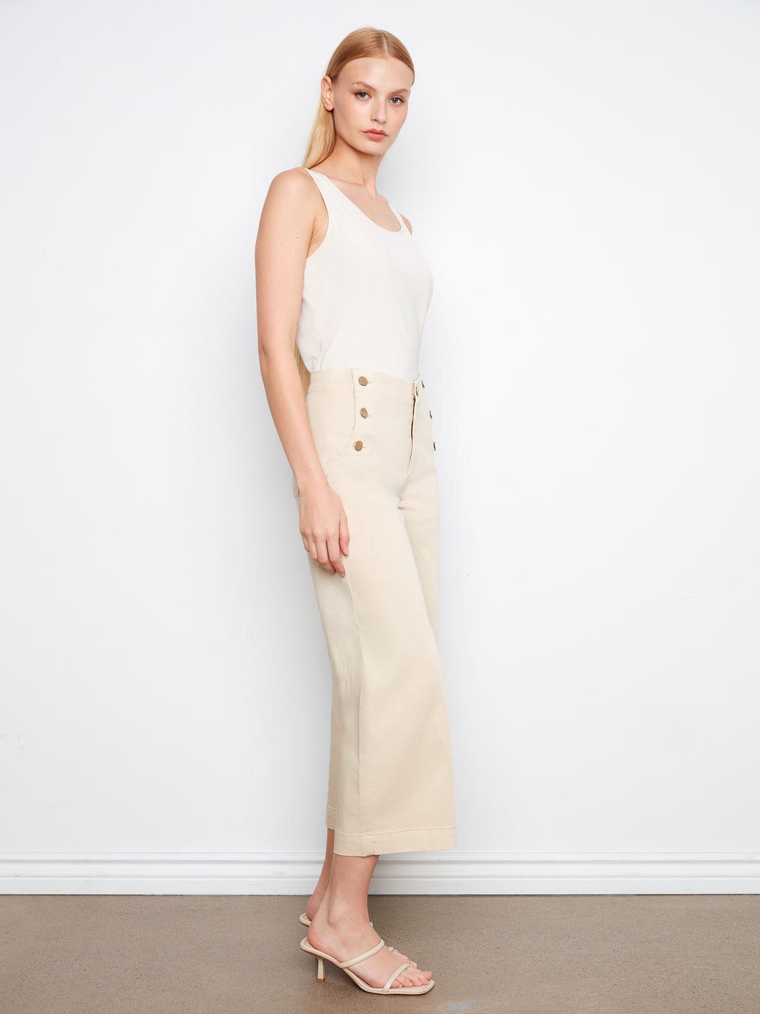 Cropped Wide Leg Twill Pants With Side Buttons