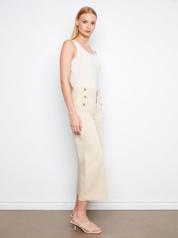 Cropped Wide Leg Twill Pants With Side Buttons