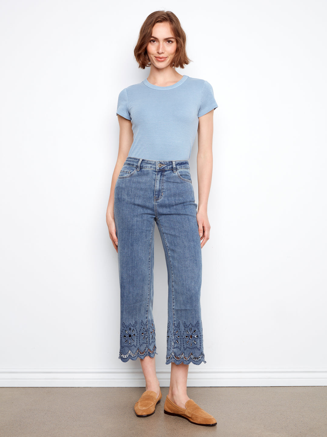 Scallop Eyelet Hem Wide Leg Stretch Denim Pants