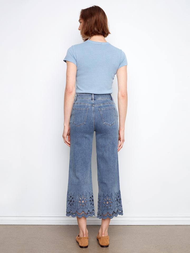 Scallop Eyelet Hem Wide Leg Stretch Denim Pants