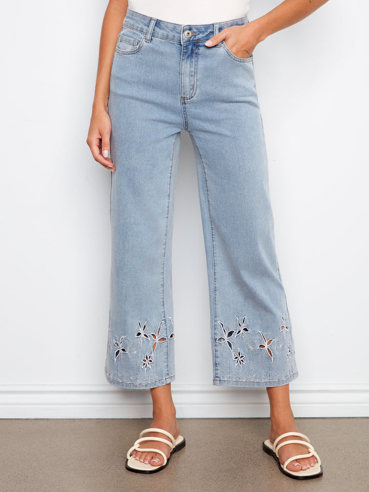 Stretch Denim Flare Leg Pants With Palm Tree Embroidery At Hem