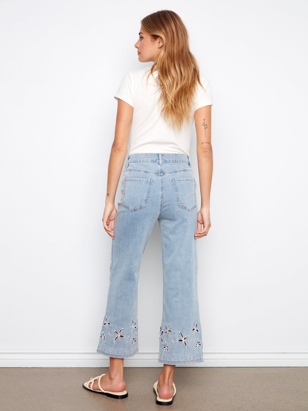 Stretch Denim Flare Leg Pants With Palm Tree Embroidery At Hem