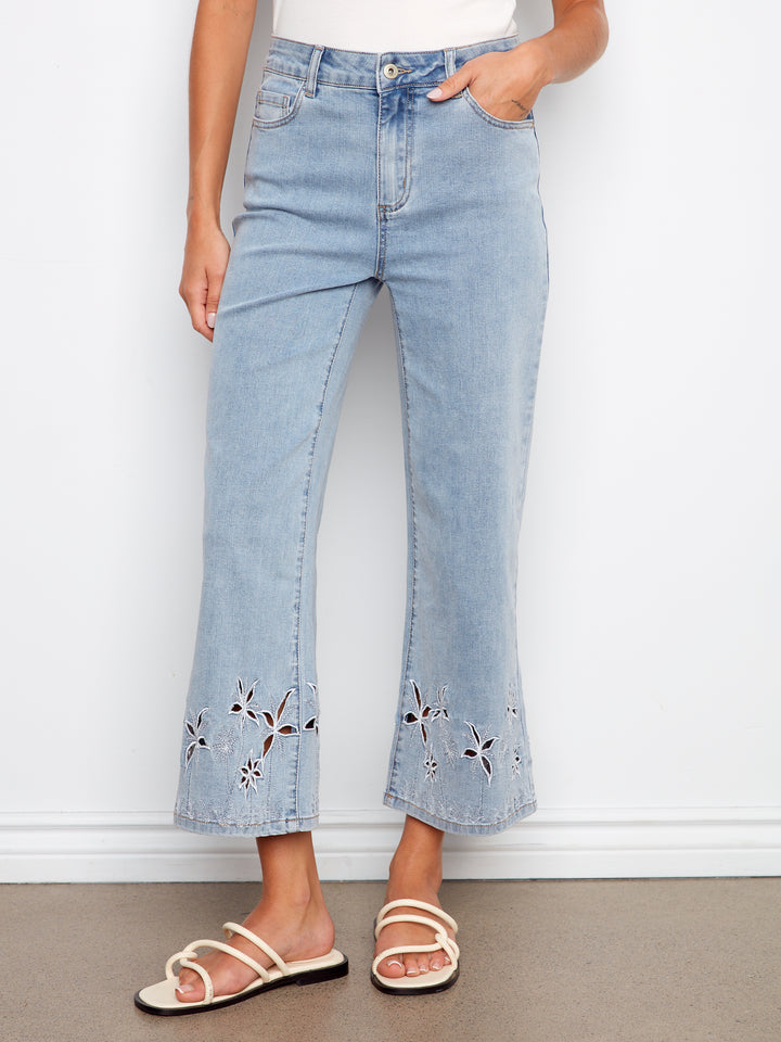 Stretch Denim Flare Leg Pants With Palm Tree Embroidery At Hem