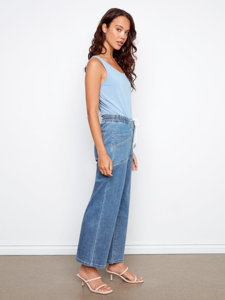 Drawstring Wide Leg Denim Pants