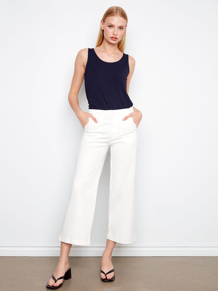 Wide Leg Colored Twill Pants With Scalloped Edges
