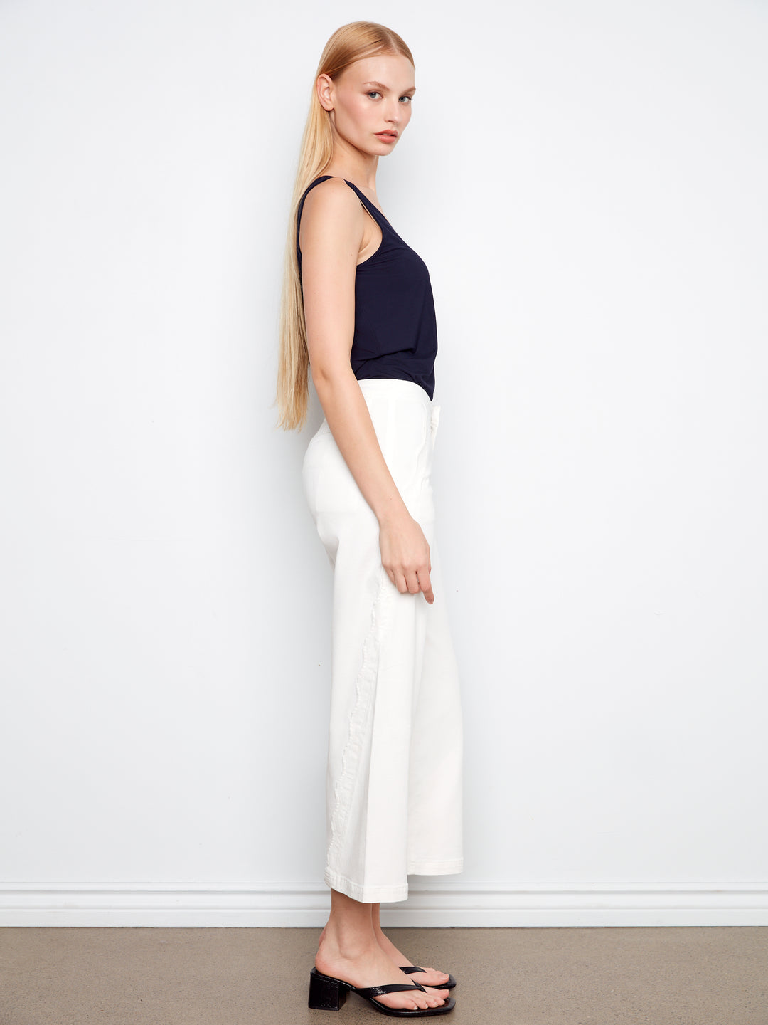 Wide Leg Colored Twill Pants With Scalloped Edges