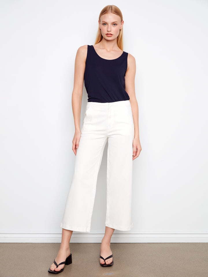 Wide Leg Colored Twill Pants With Scalloped Edges
