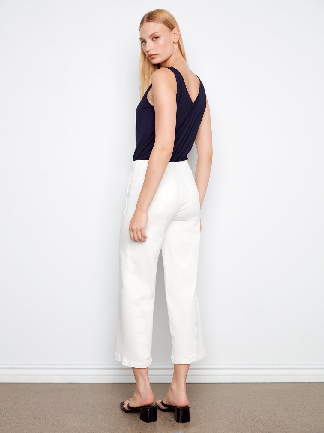 Wide Leg Colored Twill Pants With Scalloped Edges