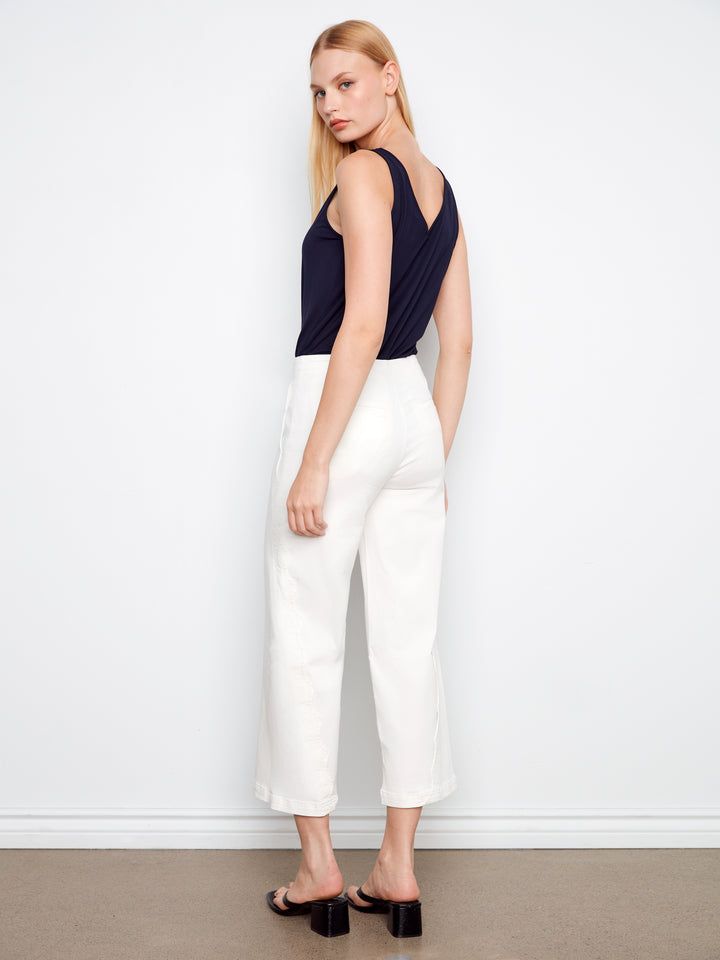 Wide Leg Colored Twill Pants With Scalloped Edges