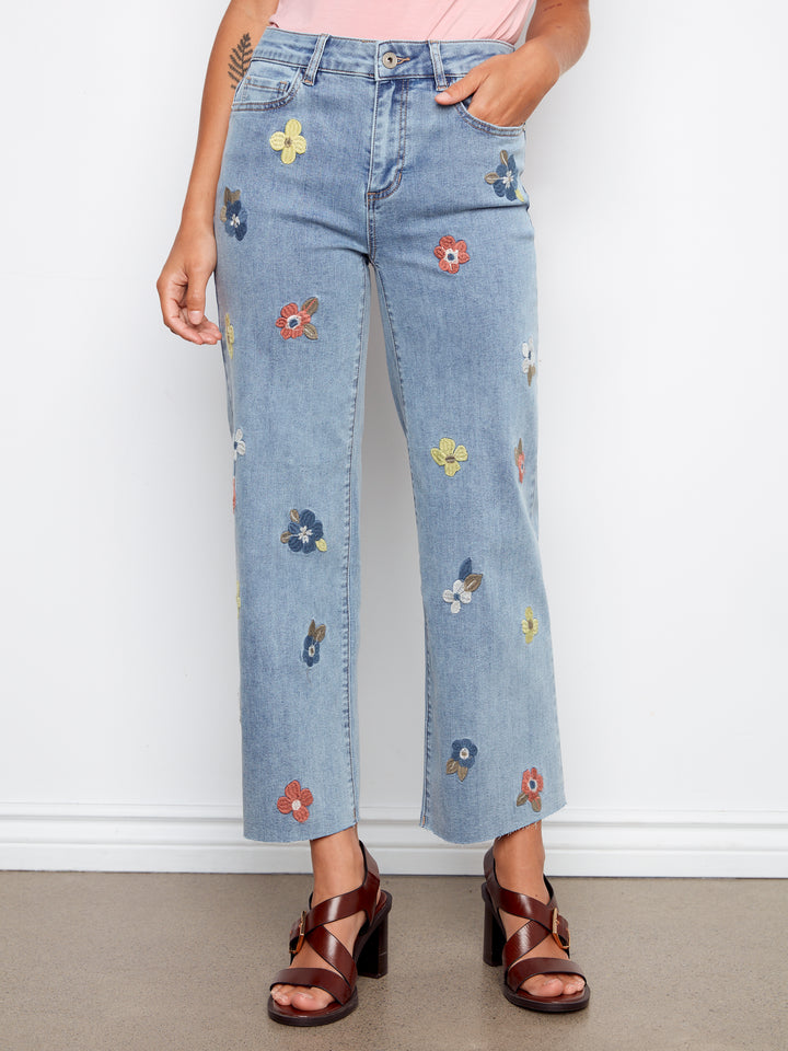 All Over Floral Embroidered Wide Leg Stretch Denim Pants