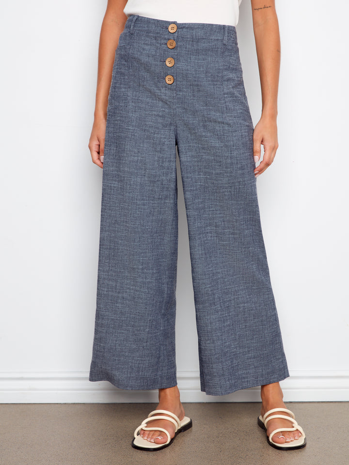 Stretch Linen Wide Leg Button Front Pants