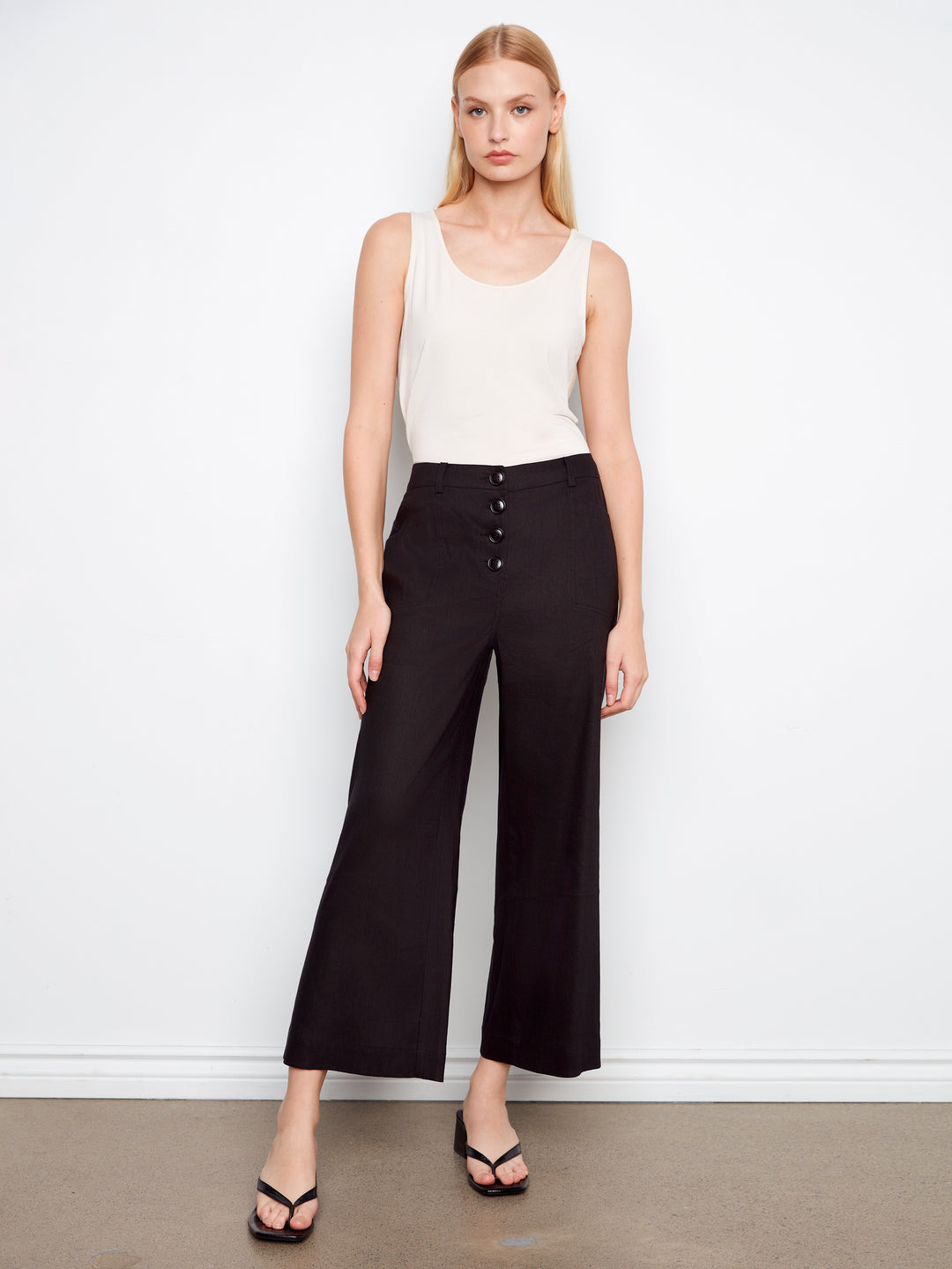 Stretch Linen Wide Leg Button Front Pants