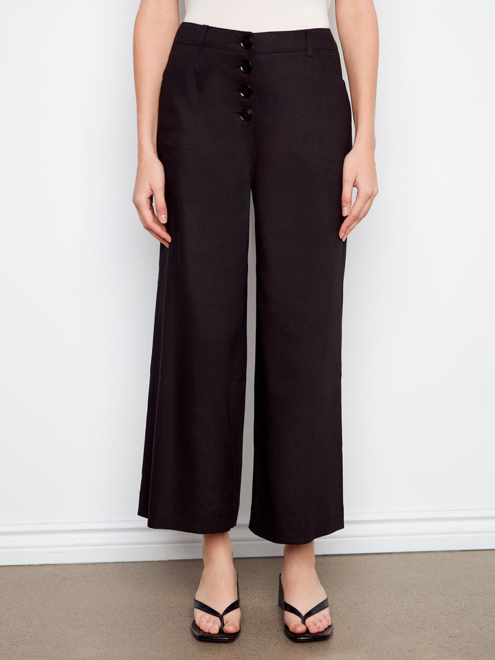Stretch Linen Wide Leg Button Front Pants