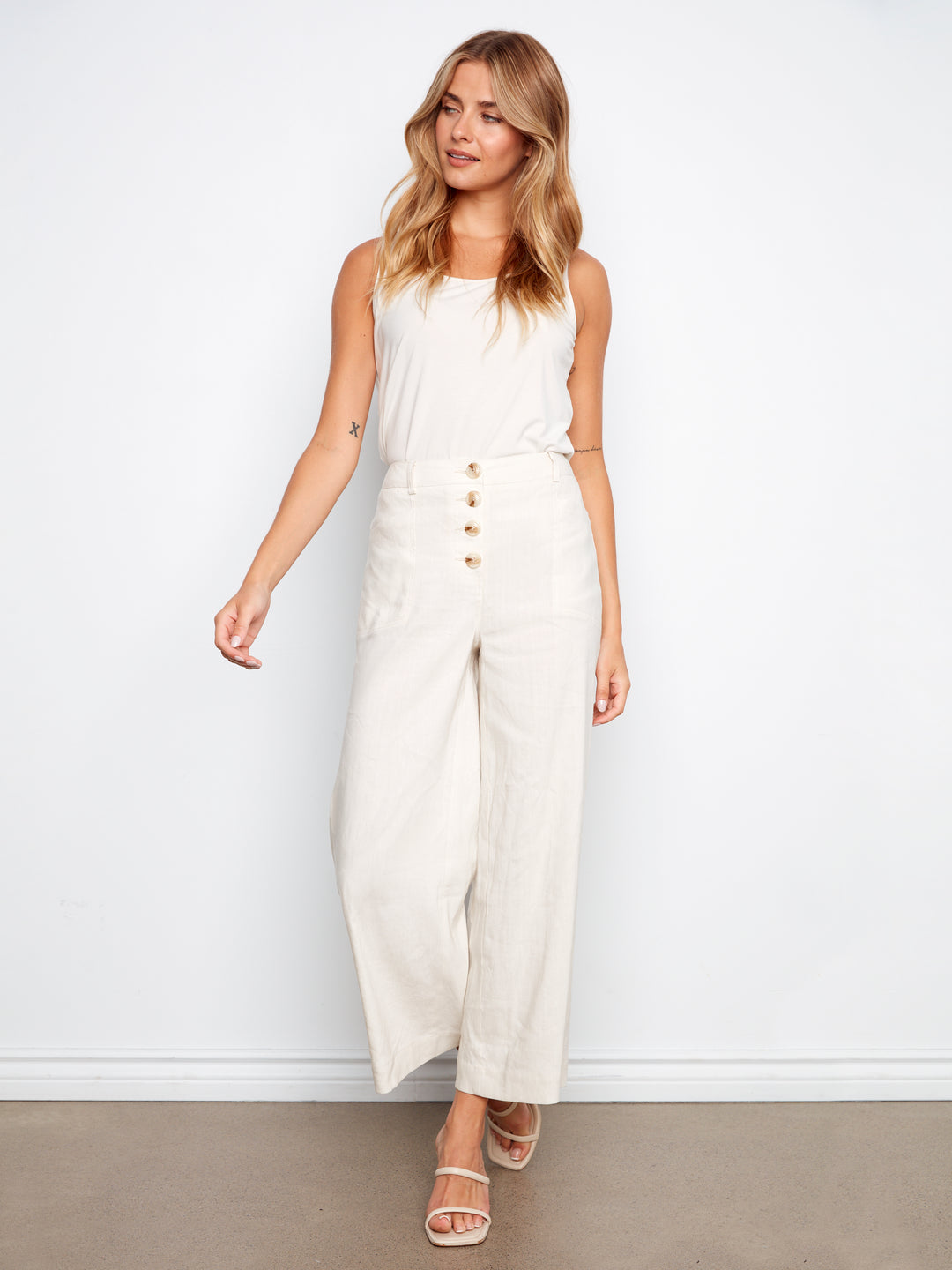 Stretch Linen Wide Leg Button Front Pants