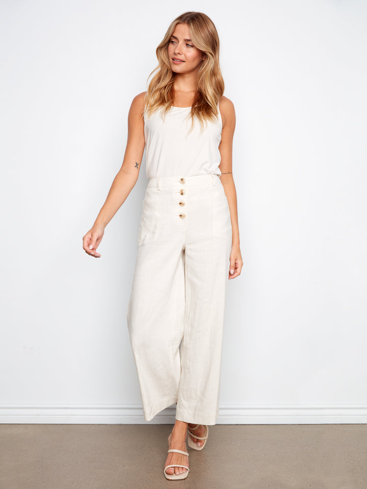 Stretch Linen Wide Leg Button Front Pants