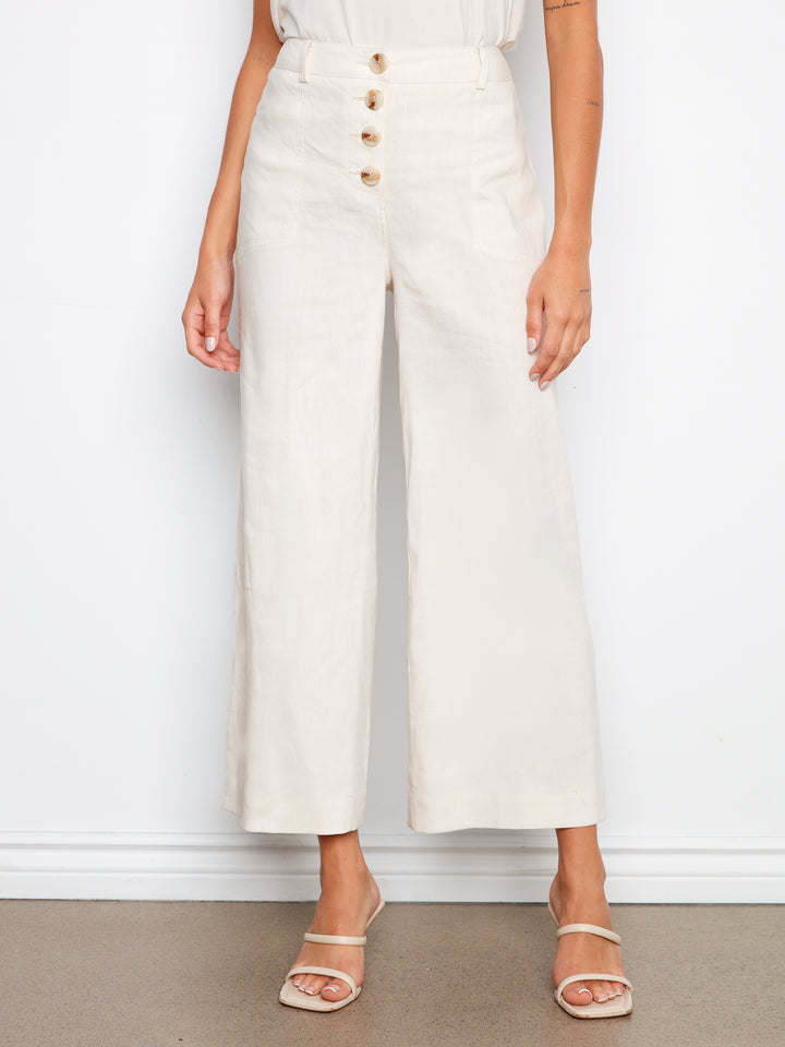 Stretch Linen Wide Leg Button Front Pants