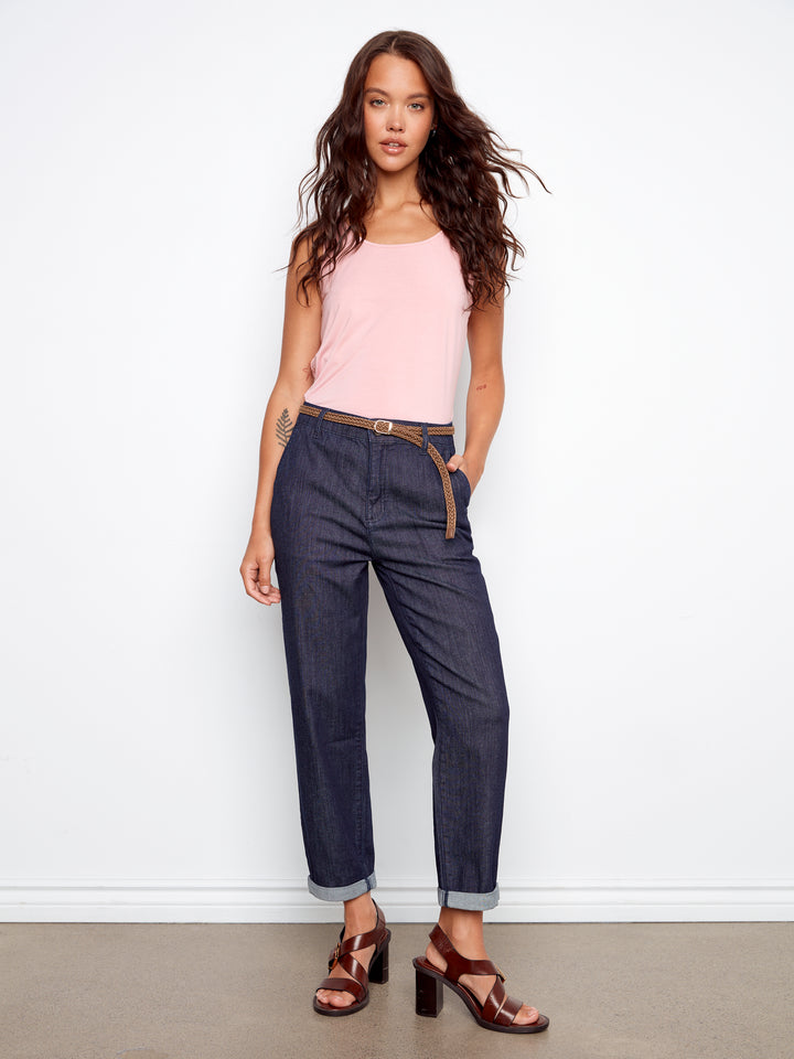 Belted Cross Hatch Narrow Leg Denim Pants