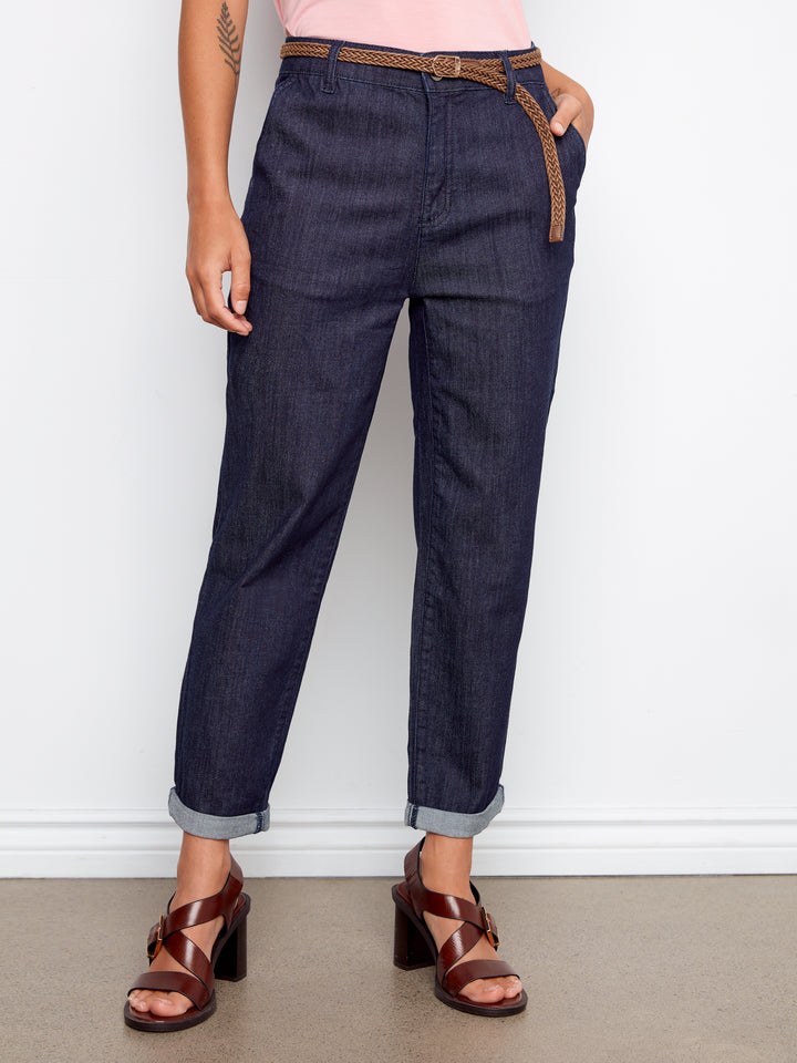 Belted Cross Hatch Narrow Leg Denim Pants